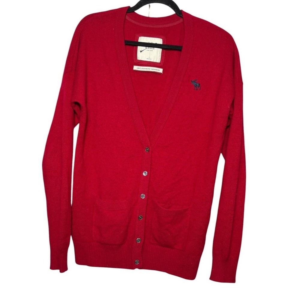 Abercrombie & Fitch 100% Cashmere Varsity Sweater Cardigan Red Size L Academia